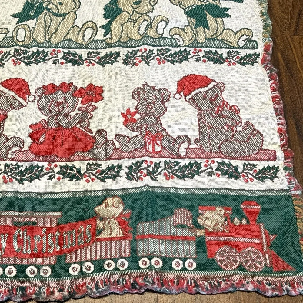 VTG Christmas Teddy Bear Train Woven Throw Blanket 49x56 Fringe Holiday Decor